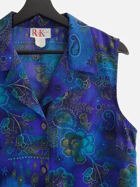 Vintage Colorful Shift Midi Dress 12 Blue Paisley Print Button Front Tie Back